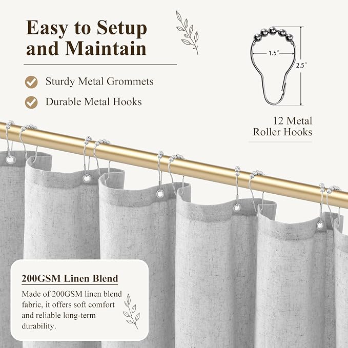 Jowels Gray Linen Fabric Shower Curtains for Bathroom, 72x72 | Grey Linen Shower Curtains Set, Waterproof Washable Weighted Textile, Metal Hooks, Hotel Boho Farmhouse Bathroom Decor
