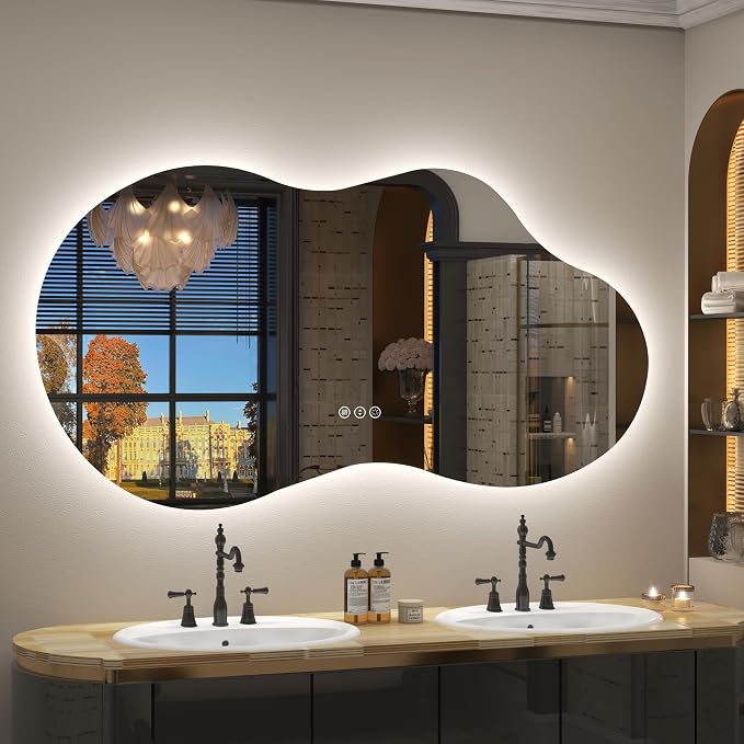 60x32 Inch Irregular Cloud LED Bathroom Mirror with Lights | Asymmetrical Backlit Vanity Mirror, Anti-Fog, Dimmable, Memory, 3 Colors, Shatterproof, ETL Listed (Horizontal/Vertical)