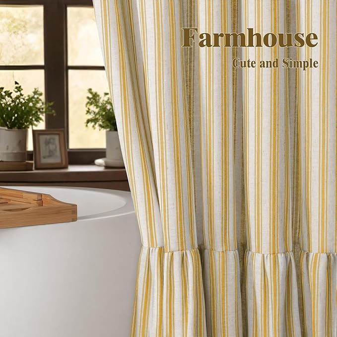 Farmhouse Shower Curtain Ruffle Linen Cream-Yellow Stripe 72"W x 78"L | Farmhouse Boho, Striped, Bottom Ruffle, Linen Fabric, Rustic, Country, Natural Look, Washable, for Bathroom Bathtub