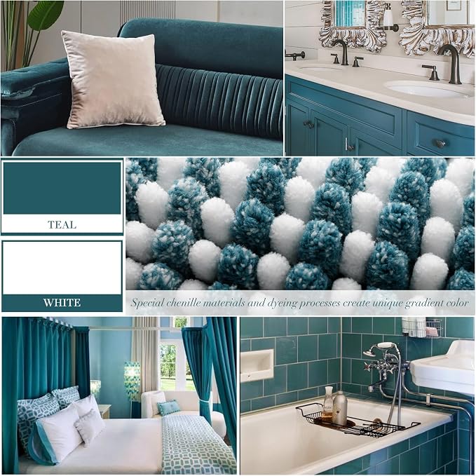 Bathroom Rugs Sets, 2 Piece Thick Absorbent Chenille, Non Slip, Soft Shaggy Bath Room Floor Mats, Machine Washable (20" x 47" Plus 16" x 24", Teal)