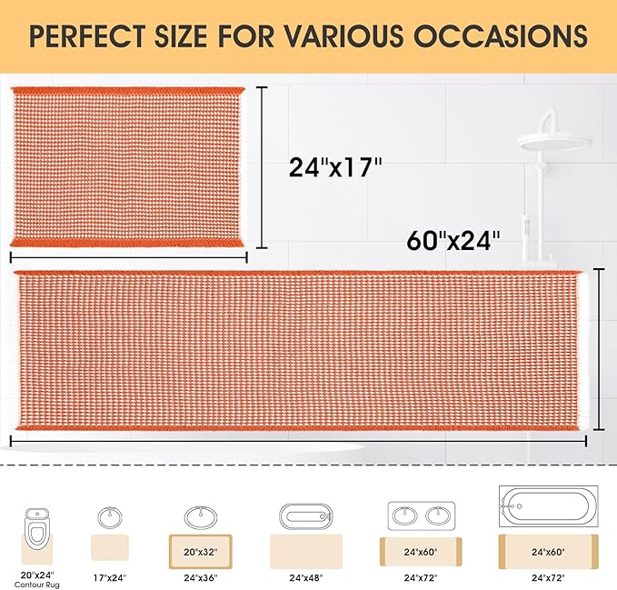 Waffle Bath Mat Set 2 Piece Orange & Cream,Woven Modern Bath Rug Mats, Absorbent Non Slip Bath Floor Mat, Soft Washable Boho Bath Rugs with Tassels for Bathroom, Bedroom, Kitchen,Tub
