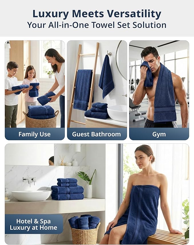 LANE LINEN Bath Towel Set 100% Cotton 6 Piece Soft Absorbent - Navy | Shower Towels - Generously Sized, Oversized & Roomy, Lightweight & Breathable, Fade-Resistant Color, Classic Terry Weave