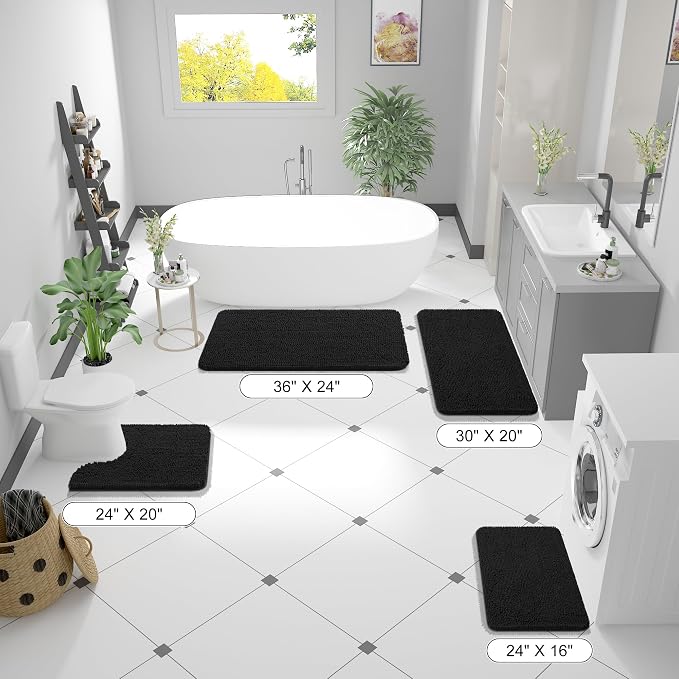 OLANLY Bathroom Runner Rugs 47x24, Extra Soft Absorbent Chenille Bath Rugs | Black, Quick-Drying Rubber Backing, Machine Washable Long Bath Mat for Bathroom Floor, Tub and Shower, Home Decor Accessories
