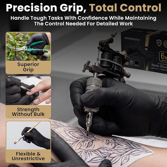 FifthPulse 6 Mil Black Nitrile Gloves, Heavy Duty Mechanic and Food Grade Glove - Powder-Free, Latex-Free Medical Exam Gloves
