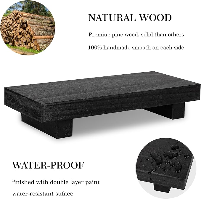 Bathroom Tray Wood Riser Kitchen Decor Soap Holder, 8.7" x 3.6" Black | Waterproof, Easy Clean, Wooden Pedestal Stand Accessories for Office Desk, Bathroom, Vanity, Counter, Sink