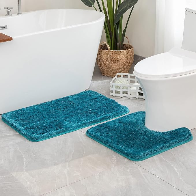 MIULEE Teal Toilet Bathroom Rug U-Shaped Microfiber Bath Mat 24x24 Inch | Absorbent, Non Slip, Quick Dry, Fluffy Bath Rugs for Bathroom Floor Tub Showers, Machine Washable