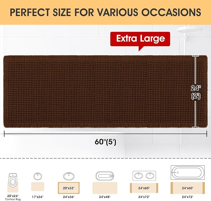 Waffle Bath Mat Brown 5'x2', Boho Woven Modern Bath Mat Rugs, Absorbent Non Slip Bathroom Rugs, Soft Washable Bath Rugs with Tassels for Bathroom, Bedroom, Kitchen, Shower, Tub