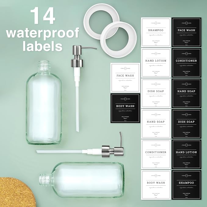Vine Creations Clear Glass Soap Dispenser, 2 Pack Kitchen Soap Dispenser Set with Stainless Steel Pump, 16 oz Hand Soap or Dish Soap for Bathroom or Kitchen with Waterproof Labels