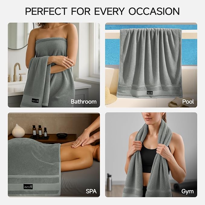 REDKISS 4 Pack Large Bath Towels Set, 100% Cotton, 31x63 in, Heavyweight 760G, Highly Absorbent & Quick Dry, Super Soft Luxury Towels for Bathroom,Hotel Collection - Gray