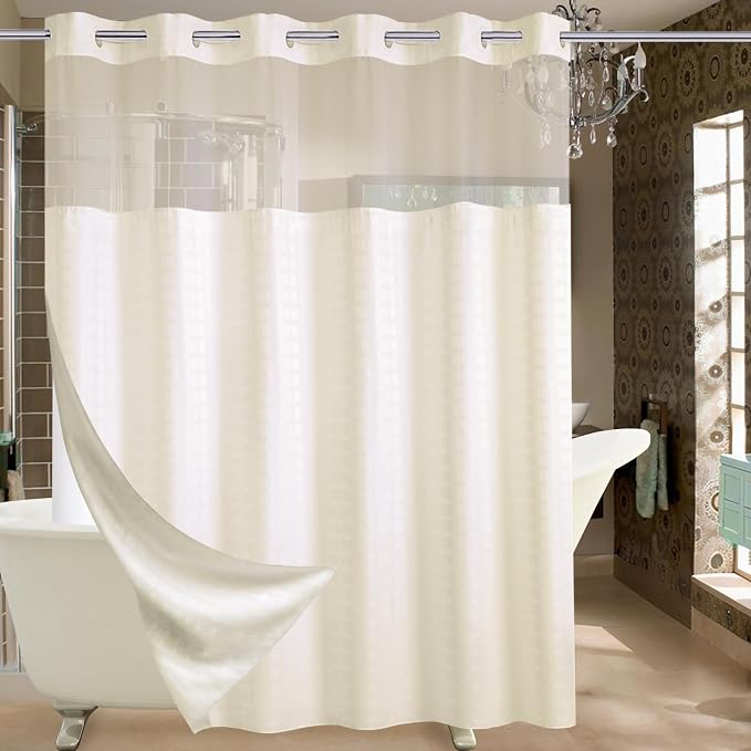 Conbo Mio Extra Wide No Hook Shower Curtain with Snap in Liner Set, 108" x 74" Hotel Luxury Beige Shower Curtains for Bathroom with See Through Top Window, Waterproof, Washable 108W x 74H