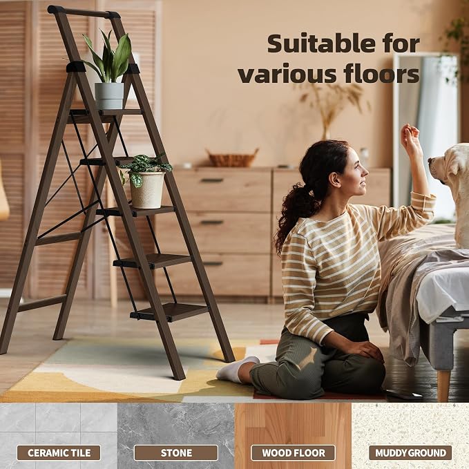 HillhutApex Aluminum 5 Step Ladder, Step Stool Foldable Ladder(Walnut) | Anti-Slip Pedals,330lbs Capacity,Lightweight Folding Ladders for Home,Office,Libaray