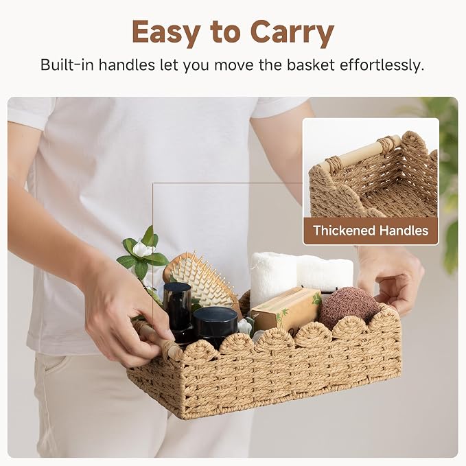 StorageWorks Toilet Paper Storage Basket, Toilet Basket with Wooden Handles | Scalloped Wicker Basket for Living Room, Decorative Scalloped Baskets for Storage, Wicker Baskets for Organizing and Decor