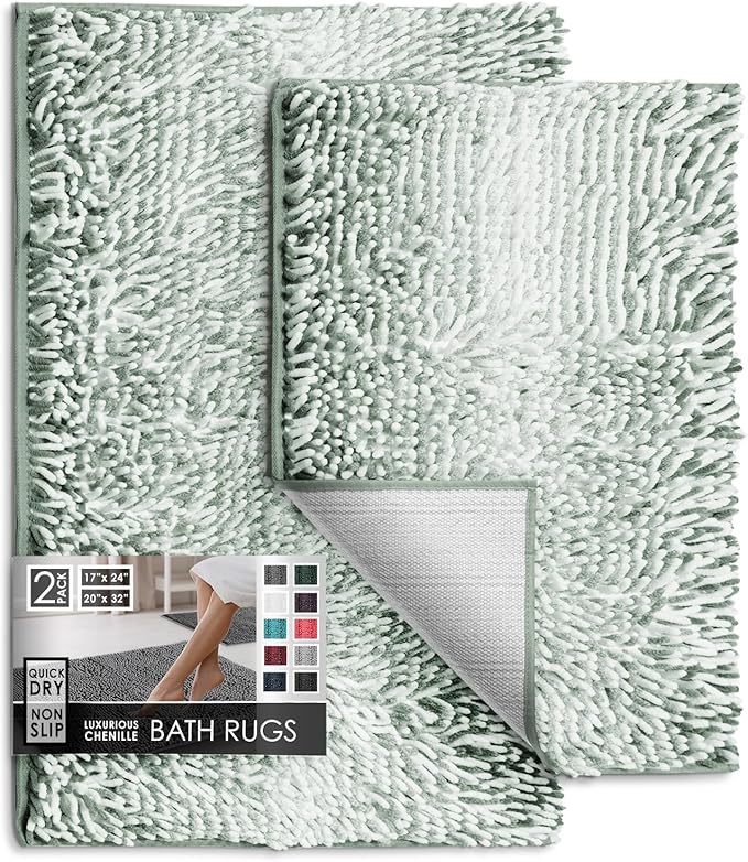 Hearth & Harbor Bathroom Rugs, Chenille Bath Mat - Machine Washable Bath Mats for Bathroom Non-Slip Backing Rubber, Quick Dry Bathroom Mat, 17 x 24 + 20 x 32 - Ombre Green