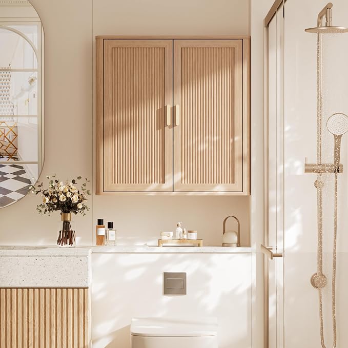 Bathroom Storage Wall Cabinet, Over the Toilet Storage Cabinet Above Toilet Storage, Medicine Cabinet with Adjustable Wood Shelf & Doors for Laundry Room & Kitchen & Living Room (Natural Oak)