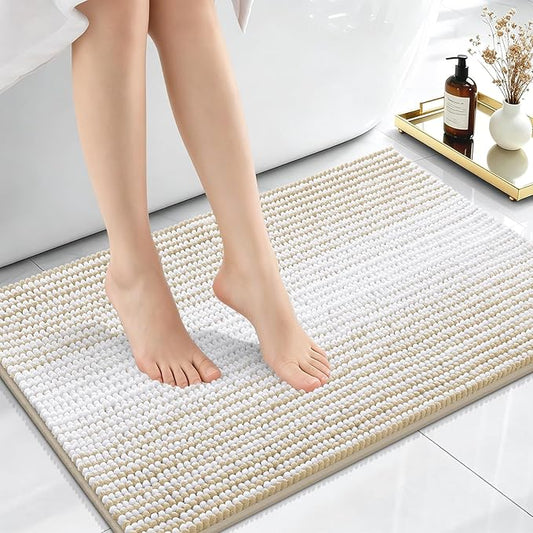 OLANLY Small Bathroom Rugs 24x16, Soft Chenille Striped Bath Rugs, Beige | Extra Absorbent, Rubber Backing, Machine Wash Dry, Bath Mats for Bathroom Floor, Tub and Shower, Home Decor Accessories