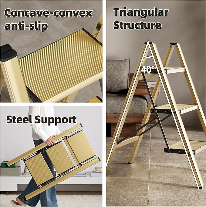 HillhutApex Aluminum Step Stool Foldable,3 Step Ladder (Gold) | Lightweight Portable step ladder with Anti-Slip Wide Pedal,330lbs Capacity Ladder for Household,Office,Kitchen