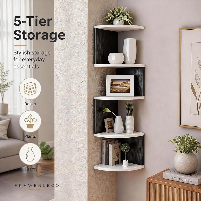 No-Drill Corner Shelf Wall Mount, 5-Tier Floating Corner Bookshelf with Hooks, Space-Saving Zigzag Plant Shelf for Bedroom, Living Room, Bathroom, Home Office(White & Black)