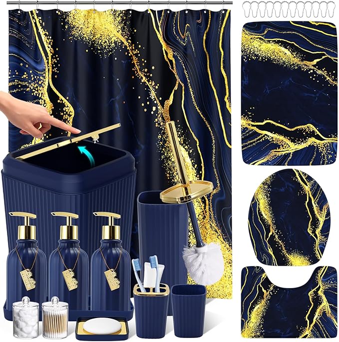21PCS Bathroom Sets with Shower Curtain and Rugs Bathroom Accessories Set Navy Blue Bathroom Set Complete with Trash Can, Toilet Brush, Qtip Holder & 3PCS Soap Dispenser