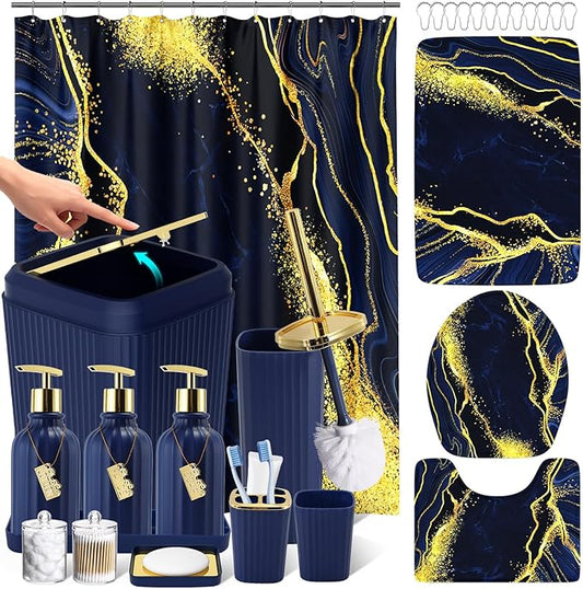 21PCS Bathroom Sets with Shower Curtain and Rugs Bathroom Accessories Set Navy Blue Bathroom Set Complete with Trash Can, Toilet Brush, Qtip Holder & 3PCS Soap Dispenser