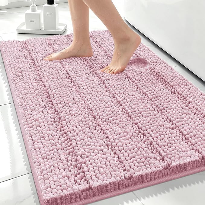 Bcoimo Bath Rug Mat,30x20 Chenille Non Slip Pink Bathroom Floor Shower Mats | Extra Soft Bathroom Rugs;Non Slip with Rubber Backing Bath Mats;High Absorbent And Quick Dry Microfiber mat; Machine Washable