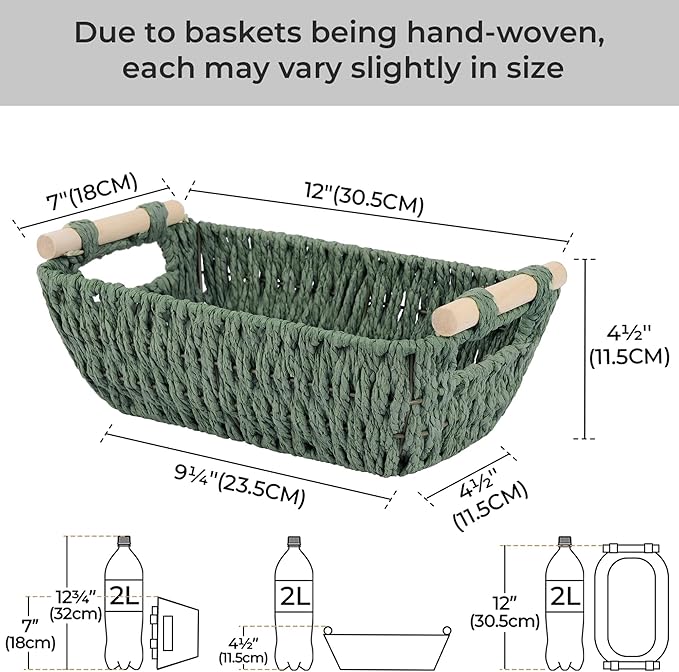 Storageworks Small Storage Basket, Woven Basket For Shelves, Bosana Green | Wicker Storage Baskets For Shelves, Baskets With Wooden Handles, 2-Pack Gifts Basket For Home Decor, Hand-Woven Basket