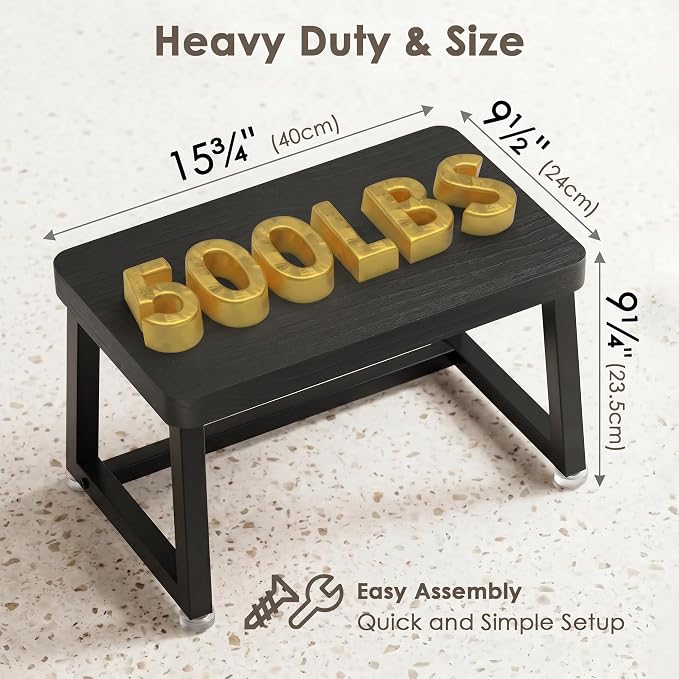 Wooden Step Stool for Adults Small Bed Step Stool with 500LB, Black | Small Step Stool, Heavy Duty, Non Slip, Anti Tipping, Adjustable Feet, Foot Stool for Kitchen Bedroom Bathroom Living Room
