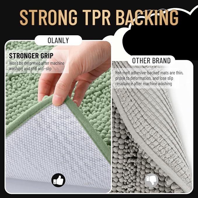 OLANLY Thick Large Bathroom Rugs 44x32, Chenille Bath Rugs, Sage Green | Absorbent Striped, Rubber Backing, Machine Wash Dry, Bath Mats for Bathroom Floor, Tub and Shower, Home Decor Accessories