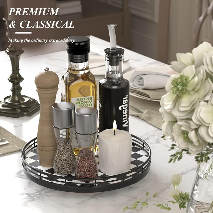 AMH 10-Inch Black and White Checkerboard Lazy Susan with Oak Base | Smooth rotating oak tray with walnut finish for dining tables, kitchen counters, pantries and cabinet storage.