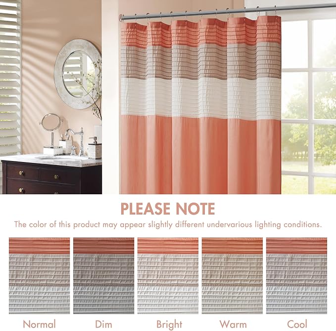 Madison Park Bathroom Shower Curtain, 72 x 84 Extra Long, Faux Silk, Coral | Modern Classic, Light Sheen, Pieced, Striped, Microfiber, Machine Washable, OEKO-TEX Certified, Amherst