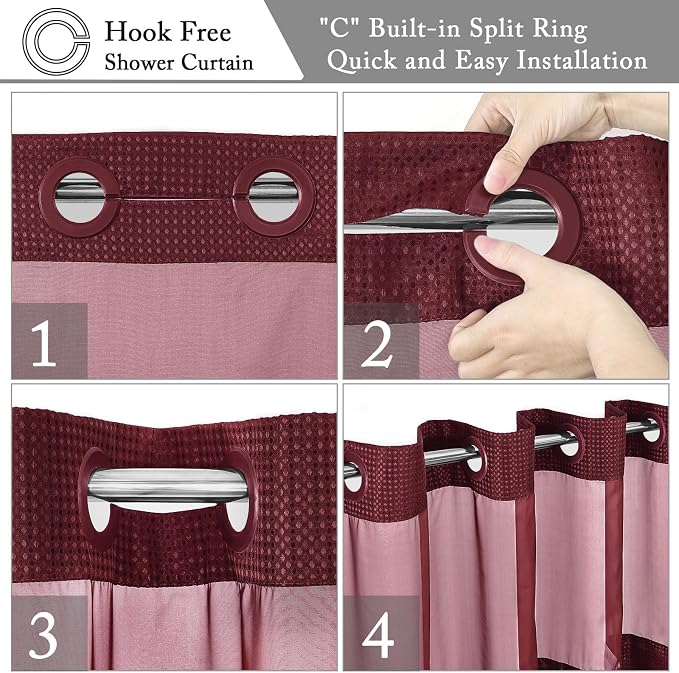 No Hook Cloth Burgundy Shower Curtain with Liner, 72x74 | Snap-in Fabric Liner, Hotel Style with Mesh Top Window, Waterproof Coating, Machine Washable, Rustproof Grommets