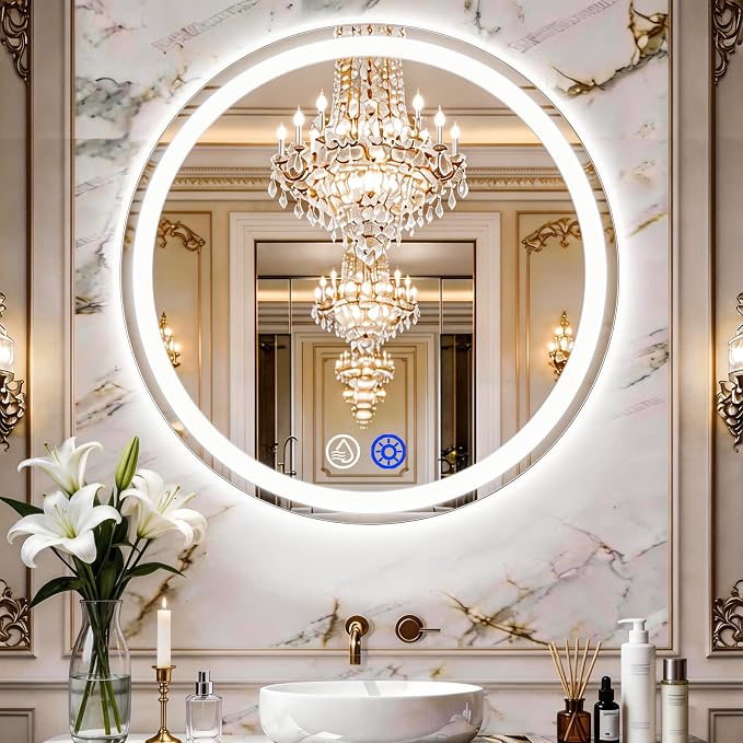 LTFUUAI 28" Round LED Bathroom Mirror with Lights, Front & Back Light | Lighted Bathroom Mirror, Touch 3-Color Stepless Dimming, Wall Mounted, Anti-Fog Shatterproof, UL Listed