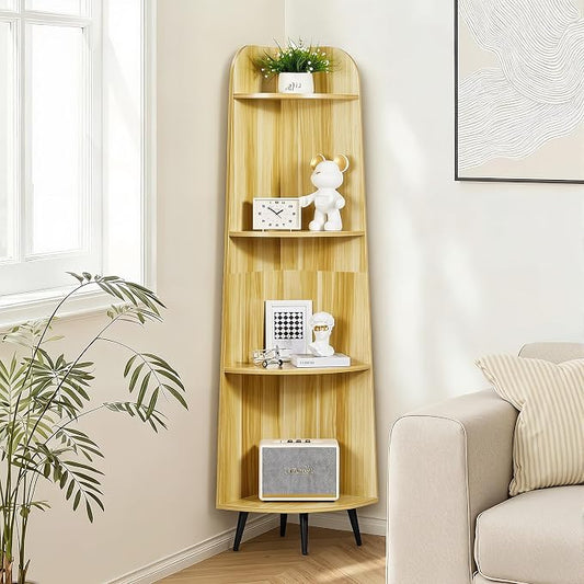 VECELO Large Tall Corner Shelf, 66.93" H 4-Tier Corner Storage Organizer, Freestanding Corner Display Rack for Living Room Bedroom Home Office, Natuarl Wood