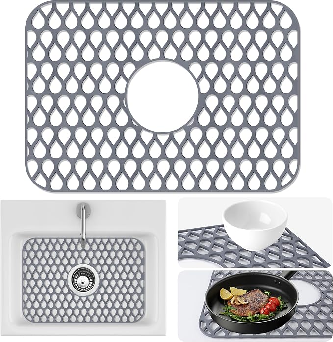 Sink Protectors Mat - 17.95"x12.4" Kitchen Sink Pad for Bottom of Basin for Protection of Stainless Steel and Tableware, Farmhouse Rubber Basin Mat Protector with Center Drain - Light Gray