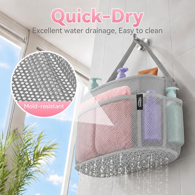 Mesh Shower Caddy Portable for Dorm College Room Essentials, 8-Pocket Large Shower Bag with Single Handles, Hanging Shower Basket for Beach, Swimming, Bathroom, Beach, Grey