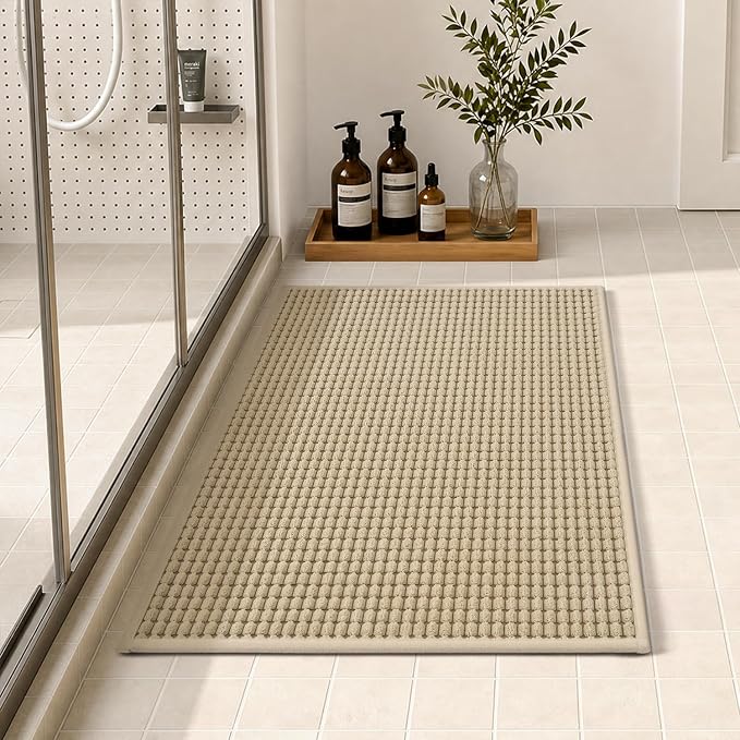 tchdio Bath Mat, Absorbent Bathroom Mat Quick Dry, Thin Bathroom Rugs Fit Under Door, Non Slip Washable Bath Rugs with Solid Rubber Backing, Low Profile Bath Mats for Bathroom, Beige, 24" x 36"
