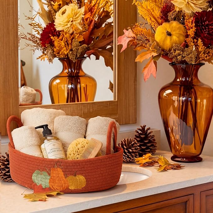 Vesici Pumpkin Basket Cotton Rope Bathroom Storage with Handle Fall | Boho Woven Organizer with 3 Pumpkin Charms, Holds Toilet Paper Toiletries, Orange Halloween Decor, 13x6x4 in