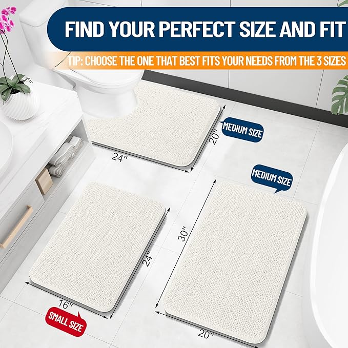 OLANLY Toilet Rugs U-Shaped 24x20, Soft Absorbent Chenille Contour Rugs | Ivory, Quick-Drying Rubber Backing, Machine Washable Non-Slip Shaggy Bathroom Mat for Toilet, Home Decor Accessories