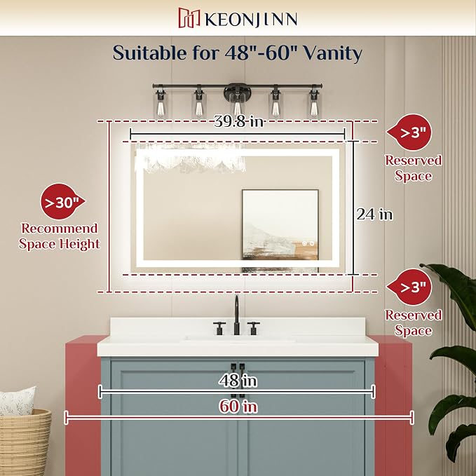 Keonjinn 40x24 Inch LED Bathroom Mirror with Lights, Frontlit & Backlit | HD Tempered Grass, 3-Color Temperature & Stepless Dimmable Lighting, Fast & Safe Defogging, Effortless Installation