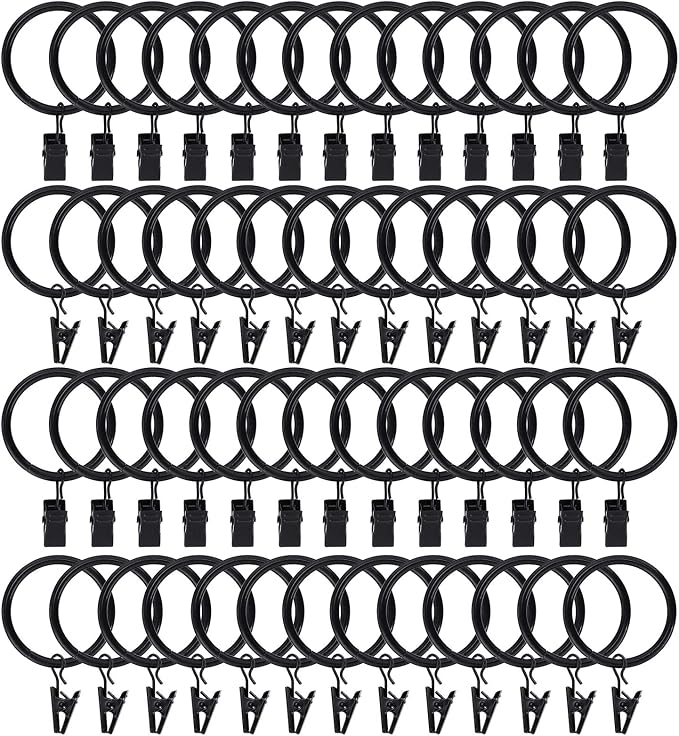 Lansian 100 Pack Curtain Rings with Clips Hooks 1.5 in Diameter Rustproof | Matte Metal Stainless Steel Drapery Rings for Tension Rod Bracket Eyelets Decorative Hanger, Fits 1.38 in Rods, Black