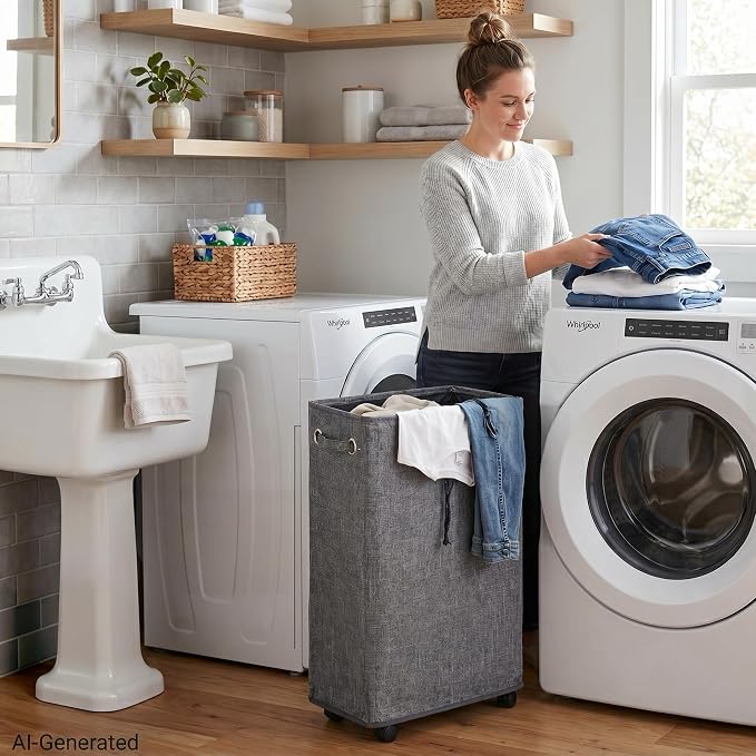 DOKEHOM 29" Enlarged Slim Rolling Laundry Basket Hamper on Wheels, Grey | Collapsible tall laundry hamper with removable mesh wash bag. Foldable narrow corner clothes storage bin for small spaces