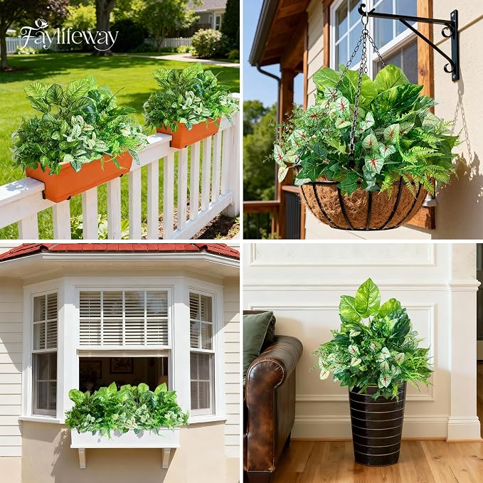 12 Bundles Artificial Plants Outdoor, UV Resistant Greenery | Large faux greenery stems for outside planters, porch, window box and patio garden decor. Maintenance free, pot not included
