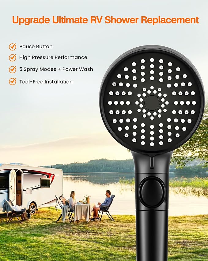RV Shower Head with Hose, High Pressure Handheld RV Shower Head Replacement with On Off Switch,5 Modes,Power Jet, Camper Showerhead for RV,Travel Trailer,Motorhome,Boat,Black