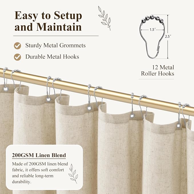 Jowels Beige Linen Fabric Shower Curtain for Bathroom, 72x78 | Long Size, Natural Linen Shower Curtains Set, Waterproof Washable Weighted Textile, Metal Hooks, Hotel Boho Farmhouse Decor