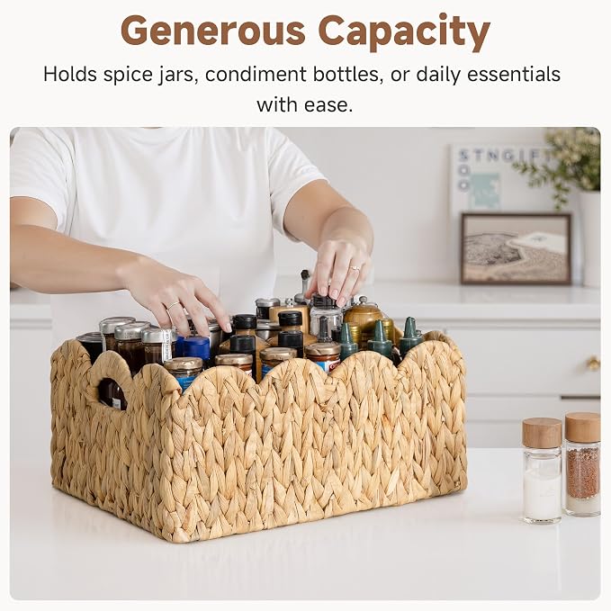 StorageWorks Wicker Baskets, Large Scalloped Baskets, Water Hyacinth | Scalloped Wicker Basket for Living Room, Decorative Scalloped Baskets for Storage, Wicker Baskets for Organizing and Decor