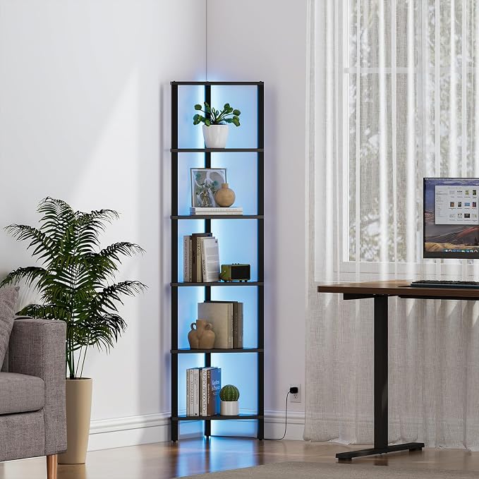 TUTOTAK Corner Shelf with LED Light, 6-Tier Corner Bookshelf | for Small Space, Narrow Display Corner Shelf Stand with Storage Rack, for Living Room, Bedroom, Black BS05BK006L