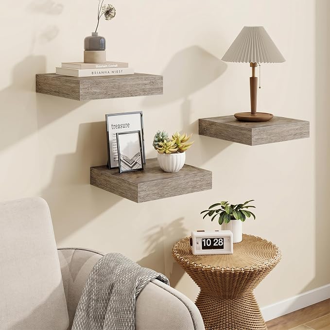 Marsmiles 9.25in Depth Floating Shelves, 10x10x1.4, Grey, Set of 3 | Small Wall Mounted Square Shelves, Engineered Wood, Invisible Brackets, Living Room, Bedroom, Bathroom, Kitchen Decor