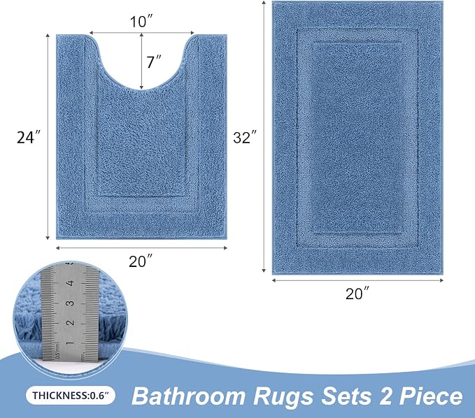 SHACOS Soft Microfiber Bathroom Rugs Set 2 Pieces with Toilet Rug | Absorbent Plush Bath Mat U Shaped Contour Bath Rug, Non Slip Washable Fluffy Bathroom Floor Mats, 32x20+24x20, Blue