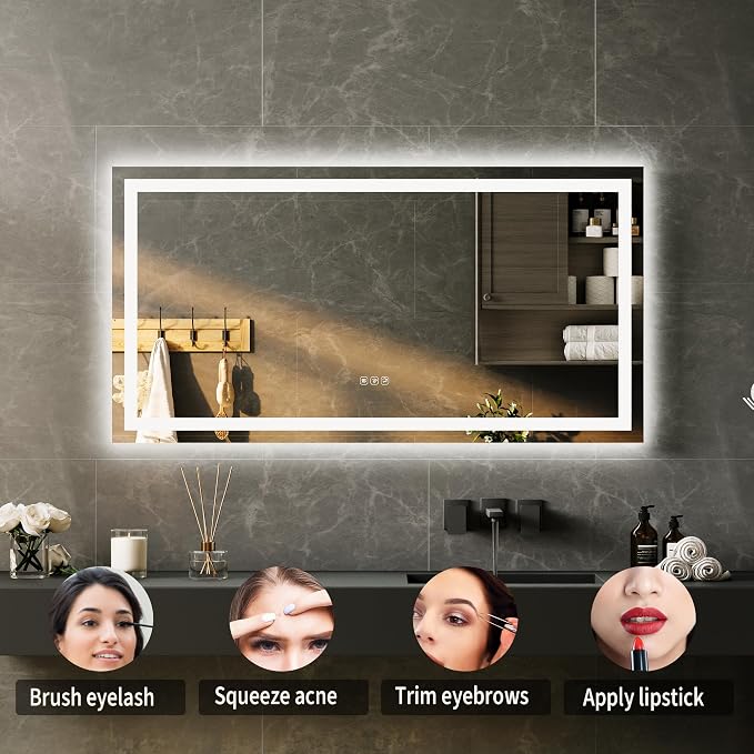 Large LED Bathroom Mirror 60x36 Inch - Frontlit & Backlit Frameless Wall Vanity Mirror with Stepless Dimming, Adjustable Color Temp, Anti-Fog Defogger, Smart Memory & 3X Suction Mirror, Sha