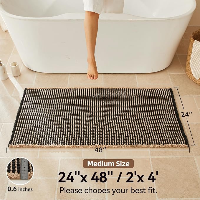 Triohero Waffle Bath Mat, Boho Bathroom Rugs Non Slip Washable, Ultra Soft Super Absorbent Quick Dry Farmhouse Bathroom Decor, 24" x 48", Black & Khaki
