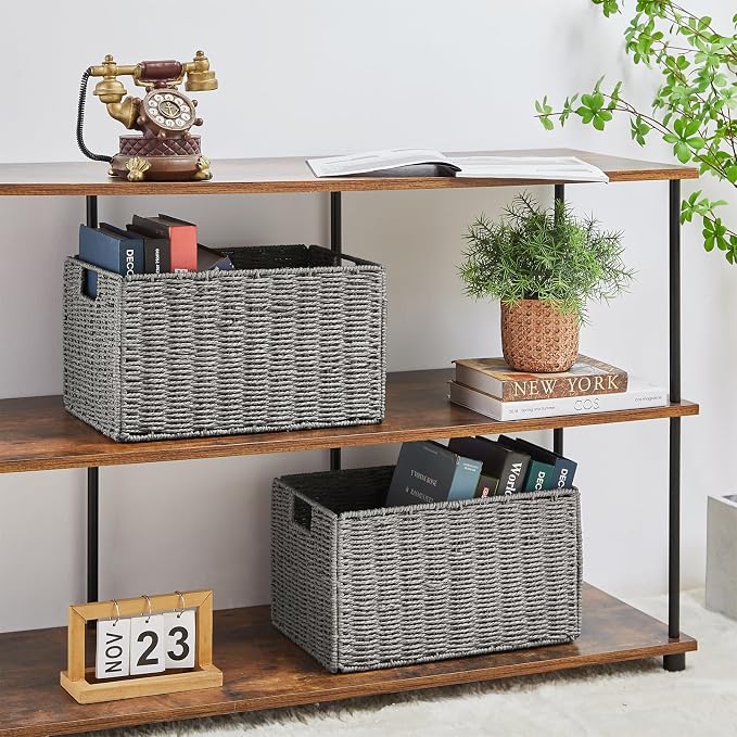 Wicker Storage Basket, Set of 2 Hand-Woven Paper Rope Wicker Basket, Small Storage Baskets for Organizing Toilet Paper Basket, Foldable Large Cube Storage Organizer Bins for Shelves (Grey)